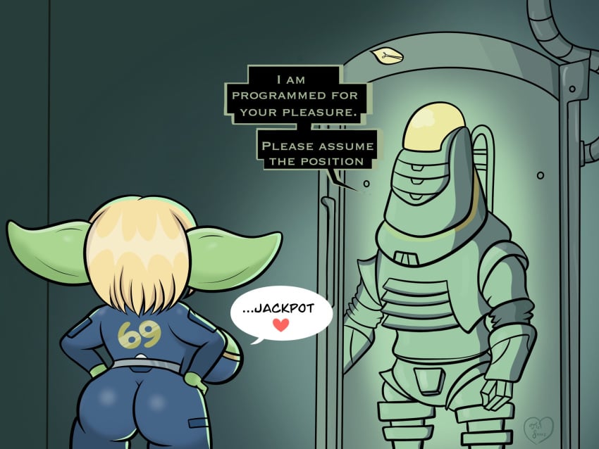 1boy 1girls 1robot 1robot_boy 3_fingers bethesda_softworks big_ass big_breasts big_ears bimbo blonde_hair bob_cut breasts bubble_butt clothing electronics english_text fallout fallout_(series) fallout_new_vegas female fisto fisto_(fallout) goblin goblin_female goblin_girl green_skin hands_on_hips huge_ass huge_breasts inside large_breasts no_sex open_clothes open_jumpsuit pointed_ears protectron robot robot_boy short_hair sideboob speech_bubble thick_thighs tiztsanaz vault vault_dweller vault_girl vault_meat vault_suit wide_hips