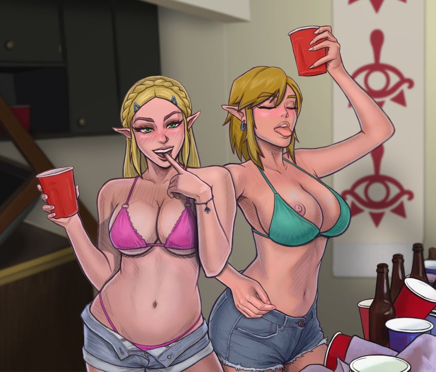 alcohol badhyrule beer bikini bimbo blonde_hair breath_of_the_wild drunk duo earrings finger_in_mouth flirting green_eyes jean_shorts light-skinned_female light_skin link link_(breath_of_the_wild) nintendo nipple_slip parody party pointy_ears princess_zelda queen_of_spades rule_63 slutty_outfit smile solo_cup source_request spring_break tagme the_legend_of_zelda tongue_out unzipped yiga_clan zelda_(breath_of_the_wild)