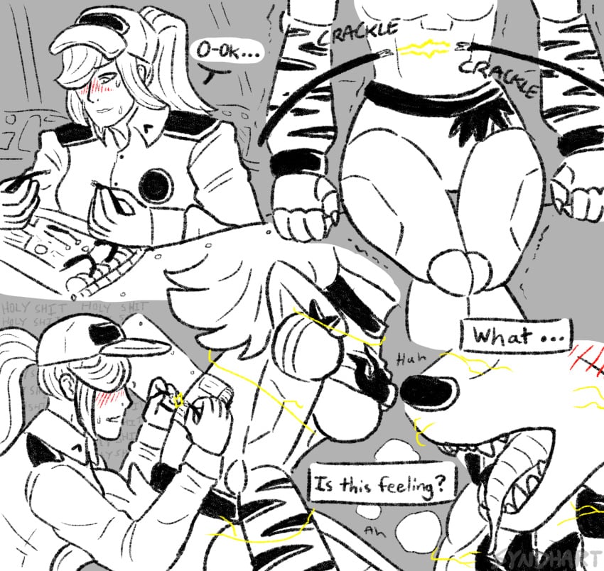 animatronic anthro blush bodily_fluids breasts breath canid canine canis choker circuit_board crossed_legs dialogue drooling duo electricity electrostimulation featureless_breasts female female/female female_only five_nights_at_freddy's five_nights_at_freddy's:_security_breach ggsq hi_res human human_on_anthro interspecies jewelry machine mammal necklace open_mouth robot roxanne_wolf_(fnaf) saliva scottgames size_difference syndhart tongue tongue_out vanessa_(fnaf) video_games wire wireplay wolf