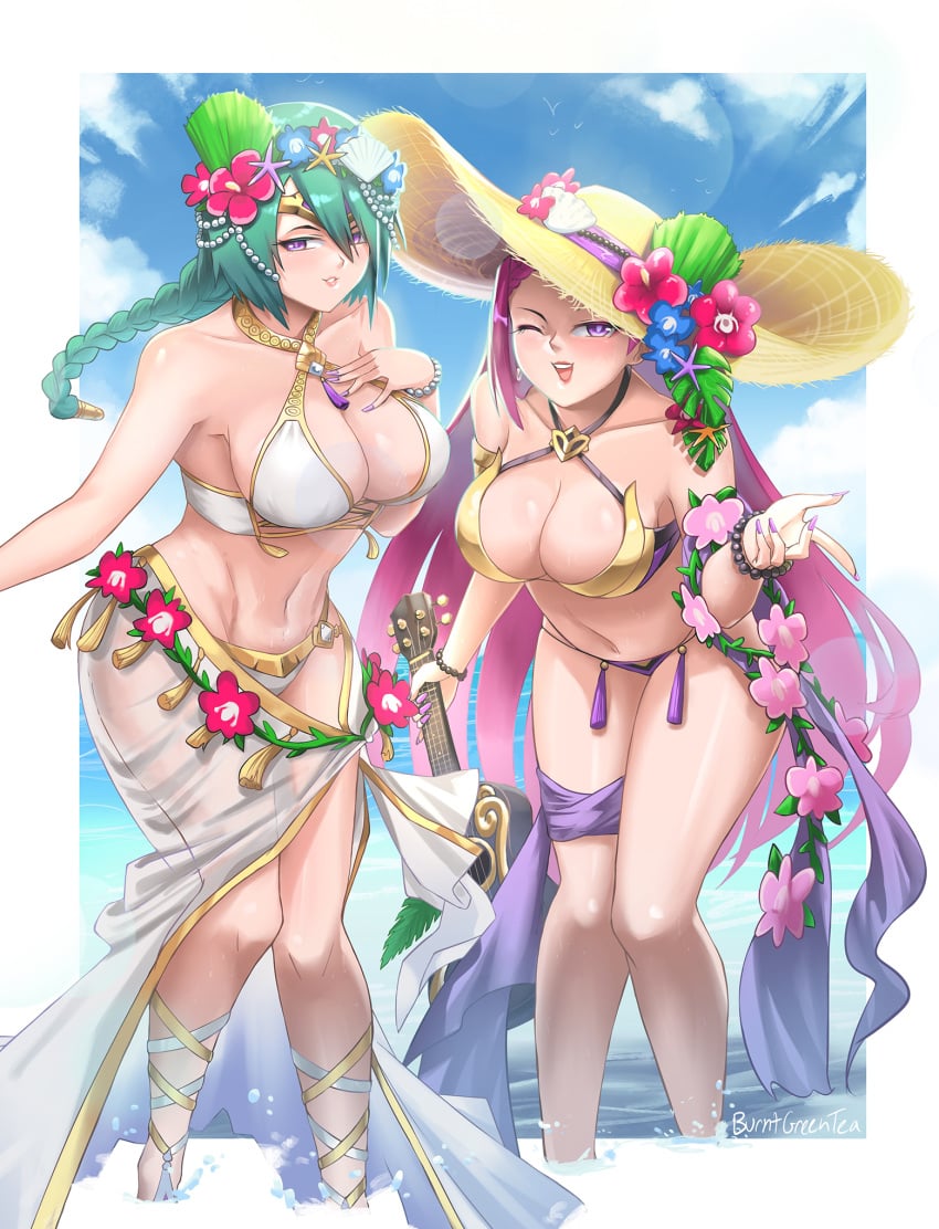 2girls abs acoustic_guitar alternate_costume bangs bare_shoulders bead_bracelet beads bikini blush bracelet braid braided_ponytail breasts burnt_green_tea circlet cleavage cloud cloudy_sky female female_only fingernails fire_emblem fire_emblem_heroes flower gem gold_trim green_hair guitar hair_flower hair_ornament hat highres instrument jewelry large_breasts linea_alba lips loki_(fire_emblem) loki_(summer)_(fire_emblem) long_hair looking_at_viewer multiple_girls musical_instrument navel nintendo ocean official_alternate_costume one_eye_closed open_mouth purple_bikini purple_eyes purple_hair purple_nails sandals sarong see-through shell_hair_ornament siblings single_braid sisters sky smile stomach straw_hat sunlight swimsuit tassel thorr_(fire_emblem) thorr_(summer)_(fire_emblem) ukulele water white_bikini white_sarong yellow_eyes