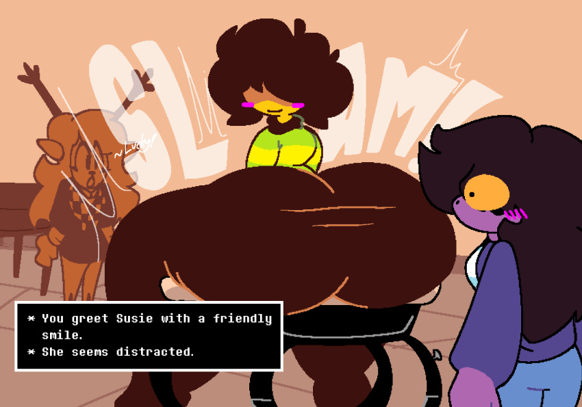 1boy 2girls ass ass_expansion big_ass big_butt black_hair blush blush_lines butt butt_expansion butt_slam deltarune fat_ass fat_butt femboy fully_clothed ghost-vibezz huge_ass huge_butt hyper hyper_ass iwanttodieaha kris_(deltarune) looking_back male male_only noelle_holiday oblivious smile smiling solo_focus susie_(deltarune) text text_box thick_ass thick_butt toby_fox undertale_(series) yellow_eyes