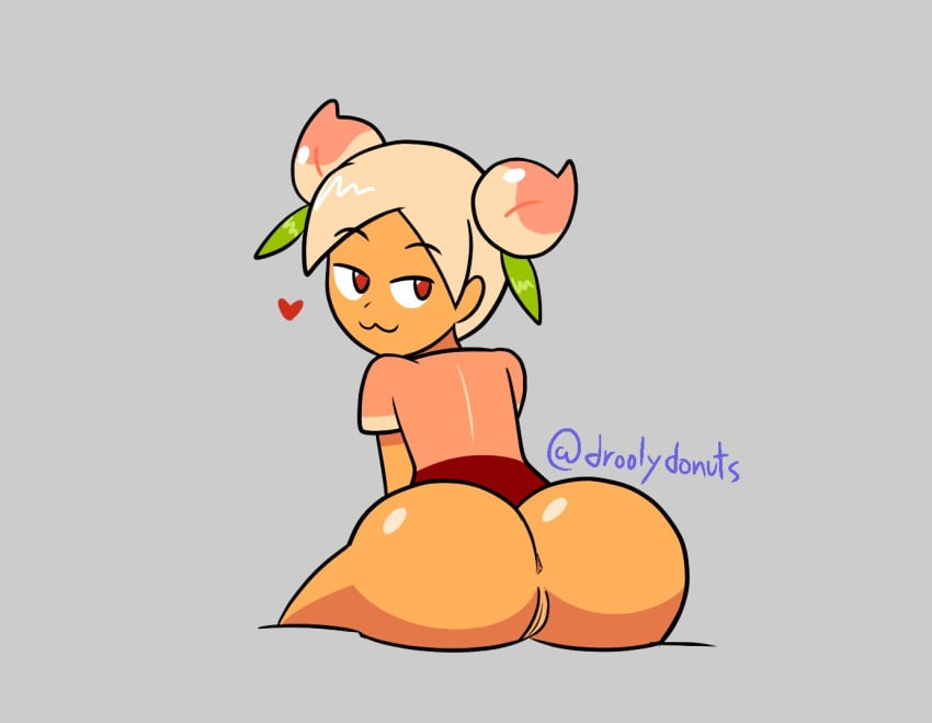 <3 1girls :3 anus_peek ass ass_focus bedroom_eyes blonde_hair bottomless cookie_run double_bun droolydonuts female female_only grey_background hair hair_bun half-dressed human humanized looking_at_viewer looking_back peach_cookie pink_hair pussy rear_view red_eyes short_hair simple_background smile solo tan_body tan_skin tied_hair