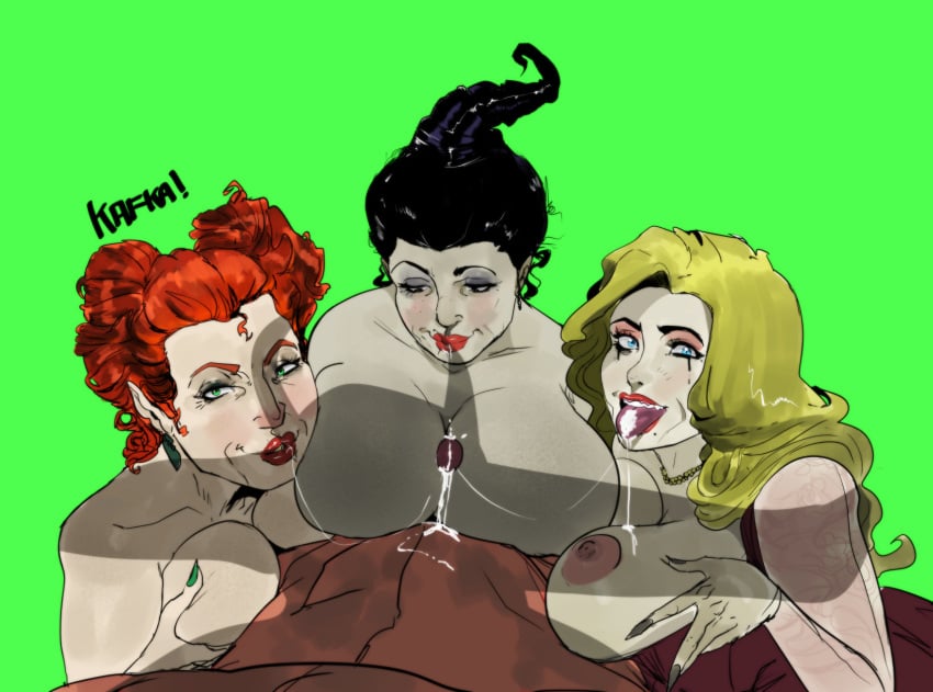 1boy 3girls black_hair blonde_hair blue_eyes disney green_eyes halloween hocus_pocus holidays how_do_i_tag_this kafka_art lipstick looking_at_viewer mary_sanderson mature_female milf nipples partial_male penis red_hair runny_makeup sarah_sanderson winifred_sanderson witch