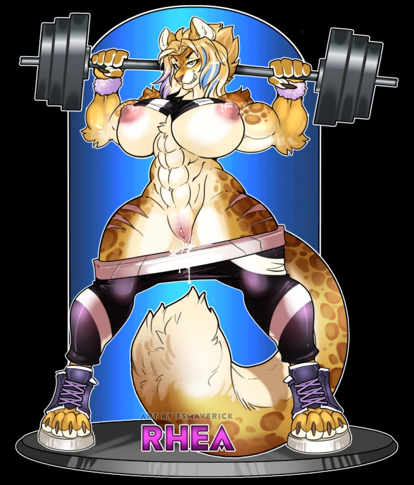 abs anthro big_breasts bodily_fluids bottomwear bottomwear_down breasts chest_tuft claws clothed clothing clouded_leopard dripping dumbbell exercise felid female fluffy fluffy_tail footwear fsmaverick fur genital_fluids grin hi_res highlights_(coloring) mammal muscular muscular_anthro muscular_female pantherine pants pants_down partially_clothed pussy_juice pussy_juice_drip rhea_(ilx) scar shirt_up shoes smile solo spots spotted_body spotted_fur teeth toeless_footwear tuft weightlifting weights workout