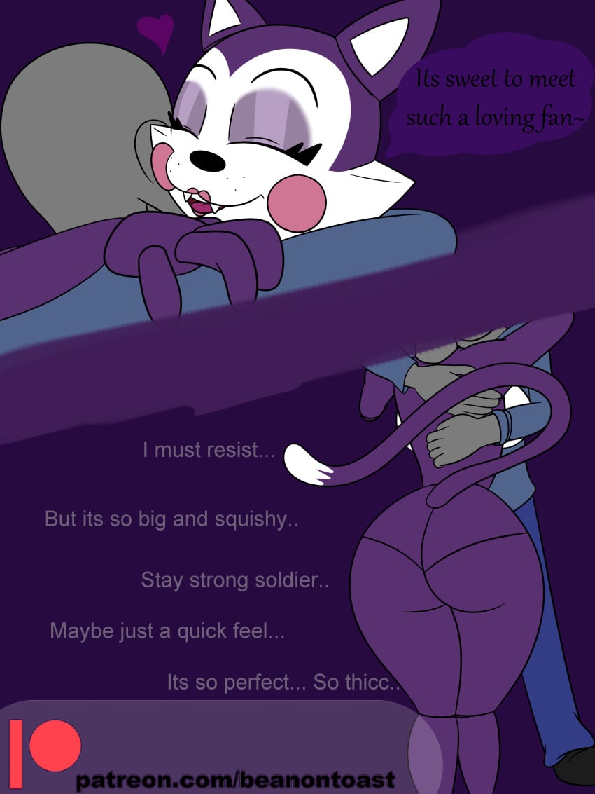 beanontoast cat_ears cat_tail cindy_(fnac) closed_eyes fan_character feline five_nights_at_candy's five_nights_at_freddy's happy happy_female hug human_on_anthro male_human/female_anthro male_on_anthro resisting robot robot_girl rosy_cheeks smiling speech speech_bubble talking talking_to_another text thick_ass thick_thighs unseen_male_face wide_hips