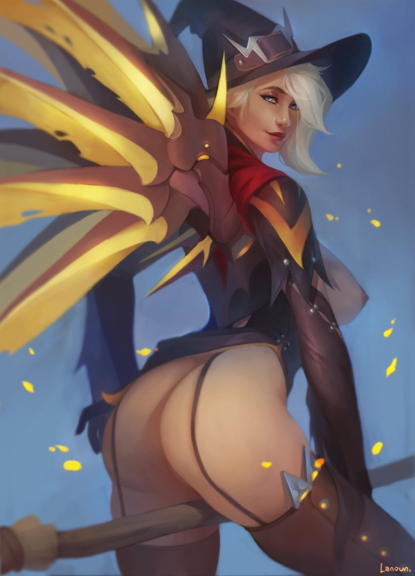 1girls ass big_ass big_breasts blizzard_entertainment blonde_hair blue_eyes breasts breasts_out breasts_outside exposed_breasts female lanoun mercy nipples no_panties no_underwear overwatch thick_thighs wings witch witch_hat witch_mercy