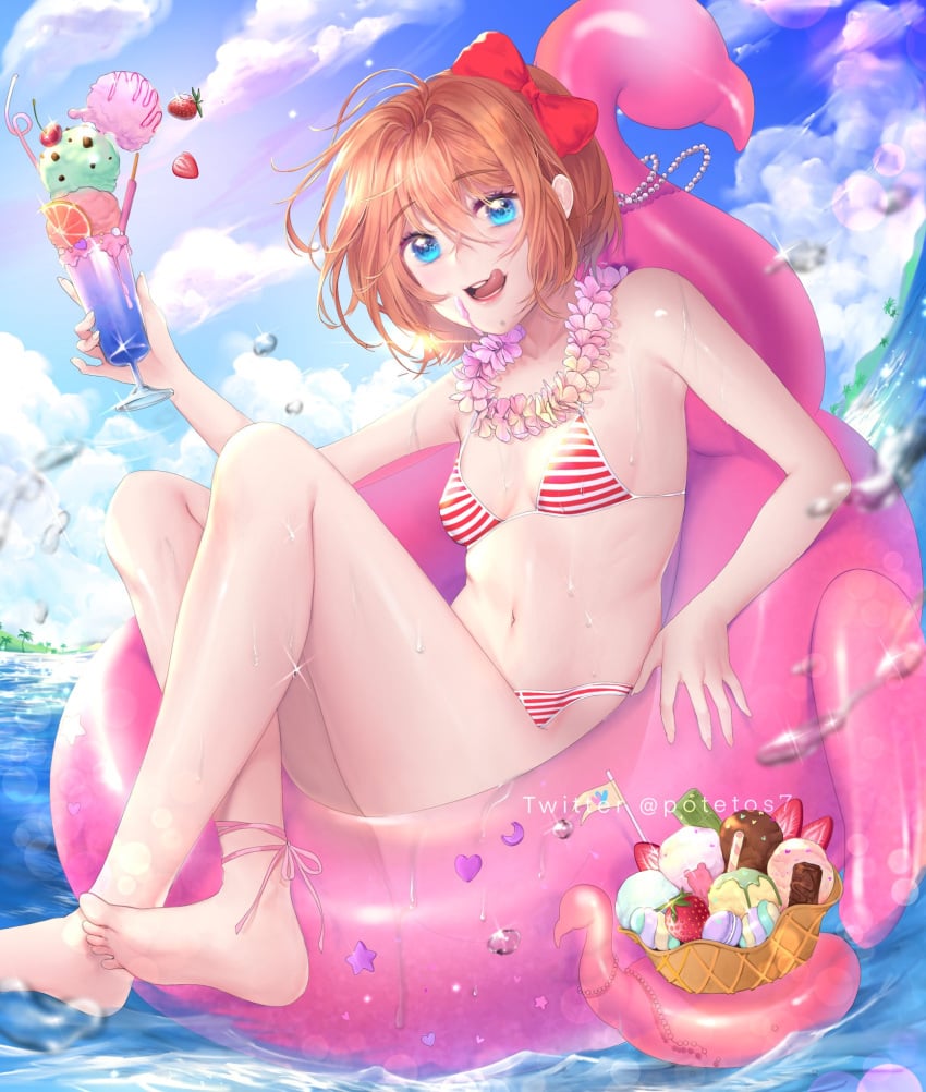 animal_floatie beach bikini blue_eyes doki_doki_literature_club flag flamingo floatie flower flower_necklace flowers holding_cup holding_object ice_cream in_floatie just_sayori looking_at_viewer necklace ocean open_mouth orange_hair potetos7 red_bikini sayori_(doki_doki_literature_club) striped_bikini striped_red_bikini sundae tongue tongue_out trees water