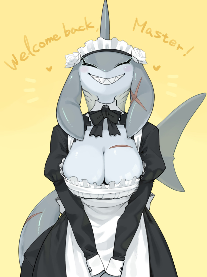 1girls anthro big_breasts breasts cheek_spots cleavage closed_eyes clothed clothing english_text female female_only fish heart hi_res kame_3 looking_at_viewer maid maid_uniform marine shark shark_maid_(kame_3) sharp_teeth smile smiling_at_viewer solo teeth teeth_showing uniform yellow_background