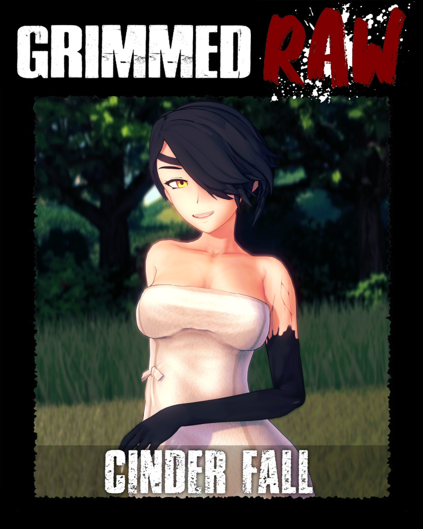 1girls arrancon black_hair cinder_fall corrupted_arm eye_patch female female_focus female_only forest_background grimm_(rwby) grimmed hair_over_one_eye low_cut_top rwby short_hair tagme text yellow_eyes