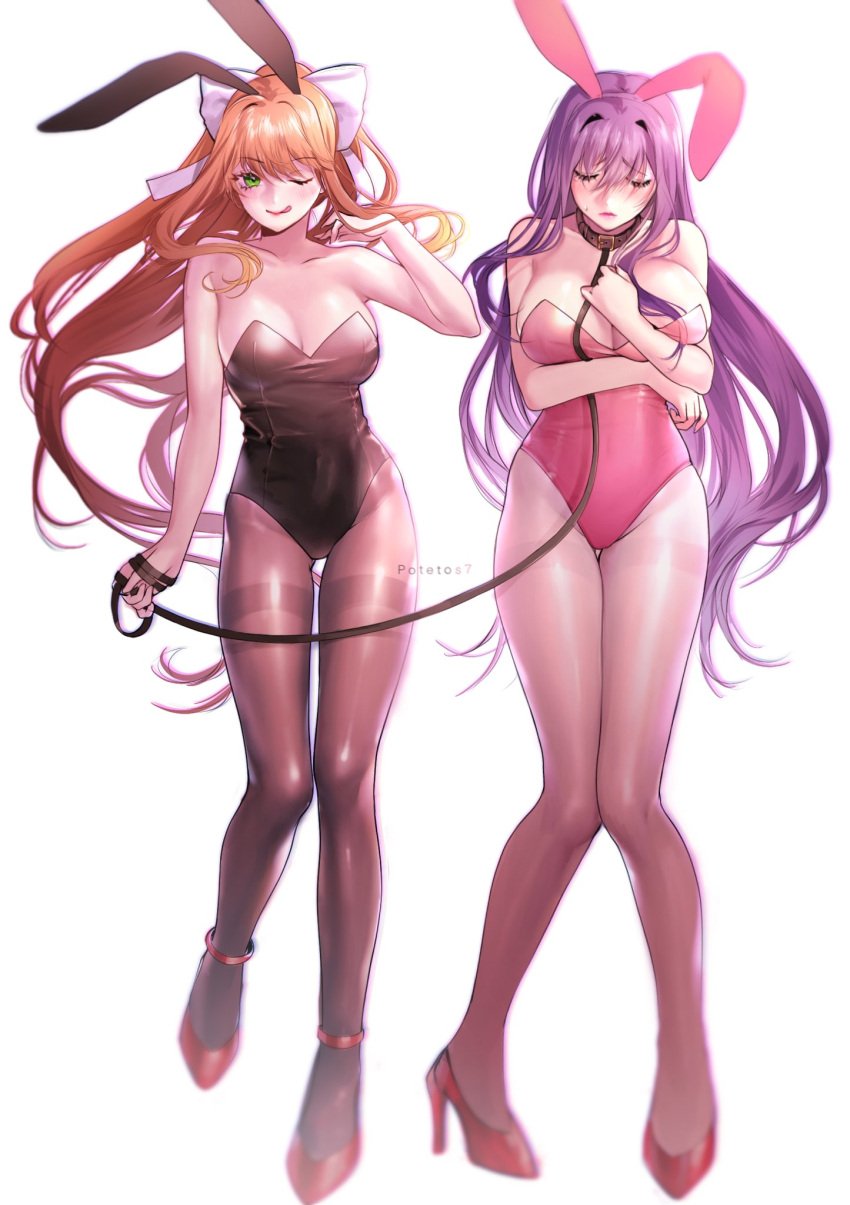 2girls black_bunny_ears black_bunnysuit bow brown_hair bunny_ears bunny_girl bunnysuit collar doki_doki_literature_club duo female female_only green_eyes holding_leash leash leash_and_collar light-skinned_female light_skin looking_at_viewer monika_(doki_doki_literature_club) multiple_girls one_eye_closed ponytail potetos7 purple_eyes purple_hair shoes simple_background standing tongue tongue_out white_background white_bow yuri_(doki_doki_literature_club)