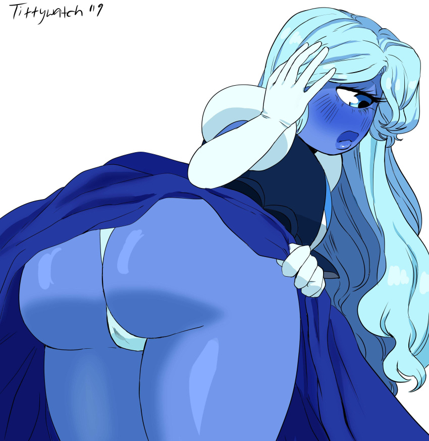 2d alternate_version_available big_ass big_lips blue-skinned_female blue_eyes blue_hair blue_skin blush cyclops dress dress_lift eyelashes gem_(species) gloves long_hair panties sapphire_(steven_universe) shy steven_universe tittywatch