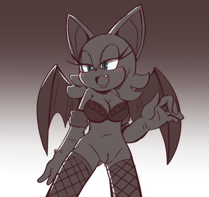 1girls anthro blush cute_fang fishnet_legwear looking_away mostly_monochrome pussy rouge_the_bat solo sonic_(series) sternweiss