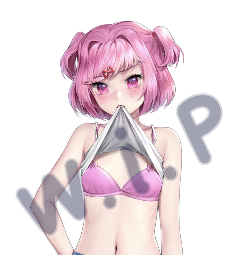 1girls blush bra doki_doki_literature_club female looking_at_viewer natsuki_(doki_doki_literature_club) pink_bra pink_eyes pink_hair potetos7 shirt shirt_in_mouth simple_background solo standing white_background white_shirt wip work_in_progress