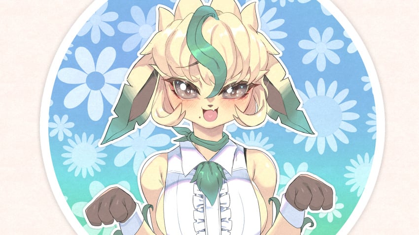 animal_ears blonde_fur blonde_hair brown_eyes clothed cream_fur cute cute_clothing drunkoak eeveelution grass_type leafeon medium_breasts pokemon safe_for_work sfw tagme