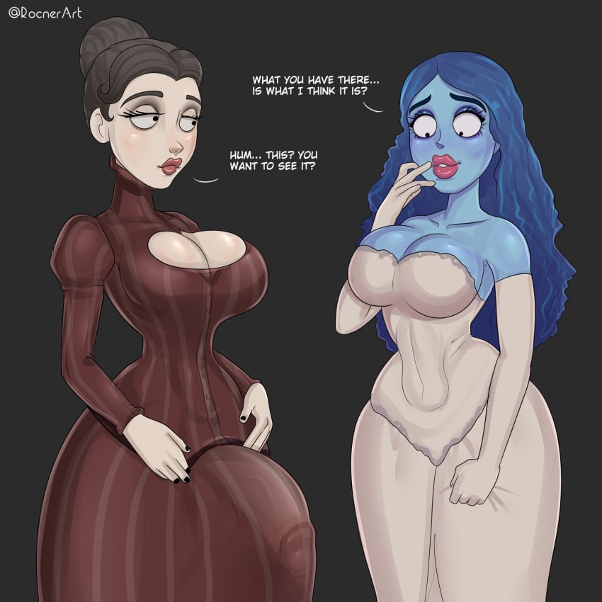 1futa 1girls 2022 animal_ears big_breasts big_penis blue_skin blush boob_window breasts bulge cleavage clothed clothing corpse_bride dialogue dress duo emily_(corpse_bride) english_text female fully_clothed fur futanari huge_cock humanoid imminent_sex light-skinned_futanari light_skin rocner standing thick_lips thick_thighs undead victoria_everglot wedding_dress wide_hips