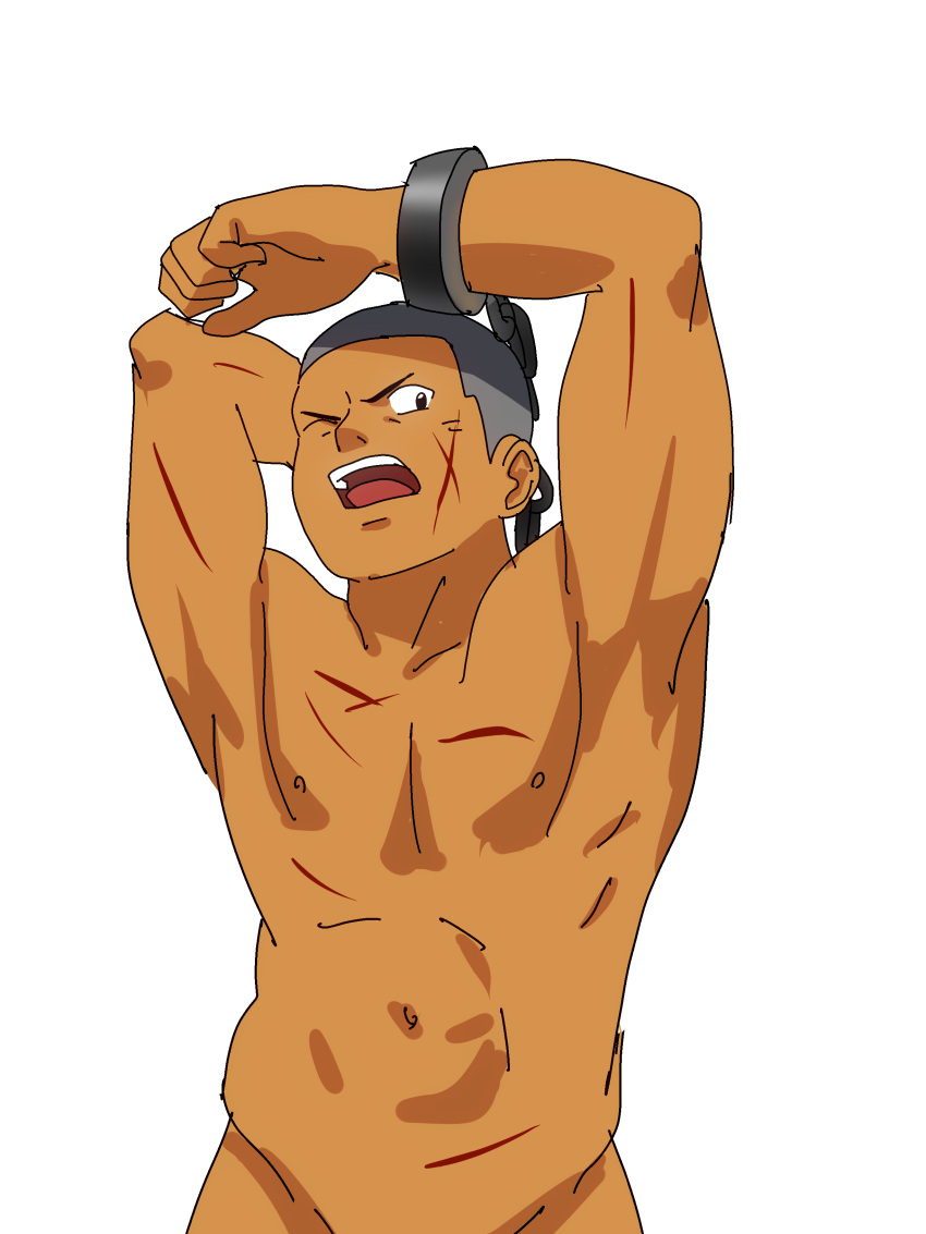 1boy 2014 abs arms_up black_eyes buzz_cut gay handcuffed handcuffs male male_focus male_only muscular nude ruizu ruizu_(takakisan503) scar scars simple_background solo tagme toned toned_male white_background yaoi