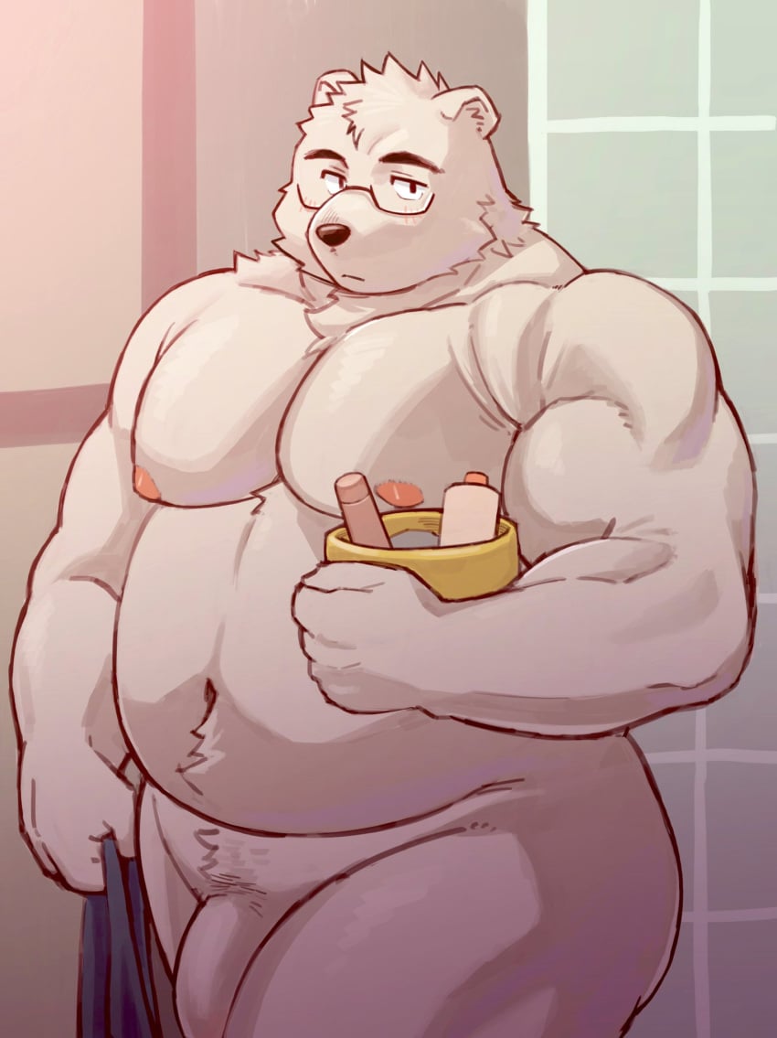 2022 anthro belly big_belly detailed_background eyewear genitals glasses hi_res kemono male mammal moobs musclegut navel nipples overweight overweight_male penis polar_bear solo towel ursid ursine yukimushi6