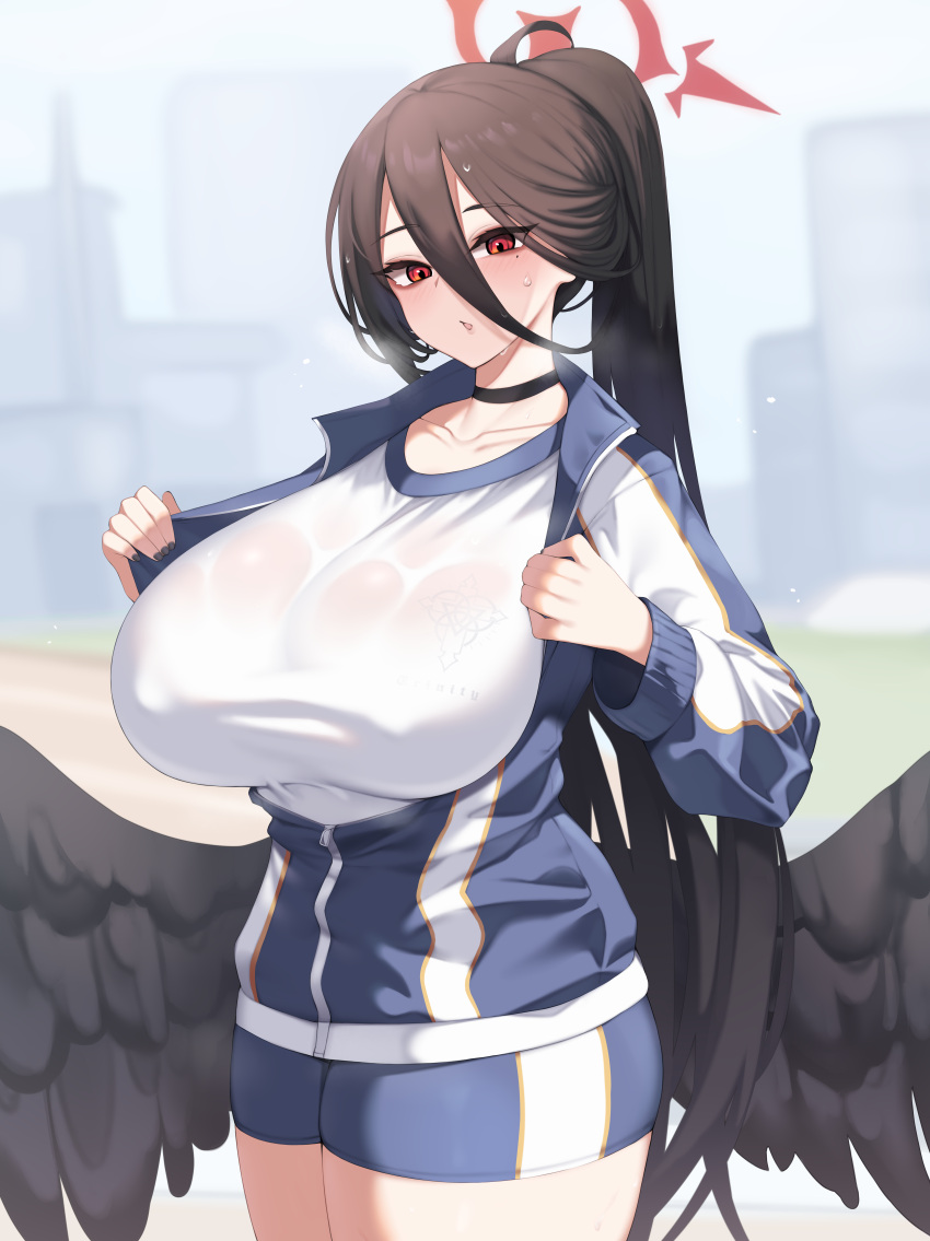 1girls black_hair black_wings blue_archive blush breasts feathered_wings female gym_clothes hasumi_(blue_archive) hasumi_(gym_uniform)_(blue_archive) hi_res hips huge_breasts jacket kuavera light-skinned_female light_skin long_hair looking_at_viewer open_jacket ponytail red_eyes short_shorts shorts sport_shorts sportswear sweat sweaty_body t-shirt thick_thighs thighs wide_hips wings