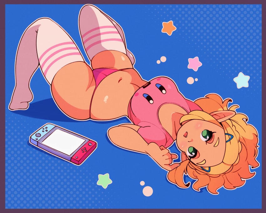 1girls blonde_hair breath_of_the_wild female female_only hi_res joycon_controller kirby kirby_(series) kirby_t-shirt nintendo nintendo_switch panties pink_panties pink_shirt princess_zelda print_t-shirt solo t-shirt tears_of_the_kingdom teenager the_legend_of_zelda thighs tiaramisstsu zelda_(tears_of_the_kingdom)