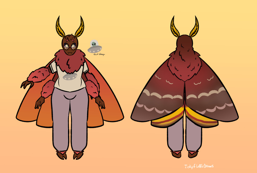 1boy 1male antennae_(anatomy) anthro brown_fur brown_hair clothing fluffy fluffy_chest fur inkyfluffdraws insects leg_tuft lepidopteran male male_only moth multi_arm multi_limb red_fur reference_sheet shirt simple_background solo sweatpants ufo wings