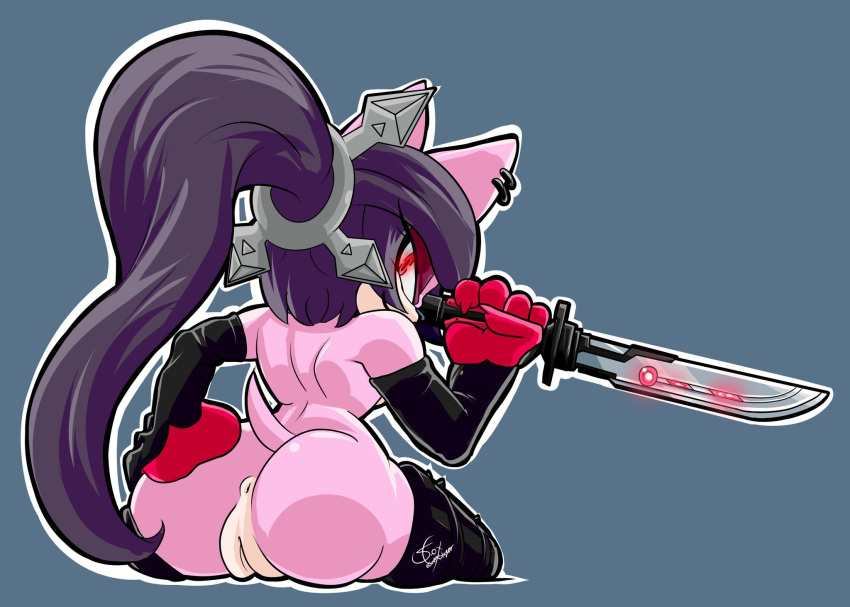 anthro anus ass dominatrix elbow_gloves knife latex looking_at_viewer looking_back_at_viewer pussy samfoxslayer sonic_(series) star_the_spineless_hedgehog weapon