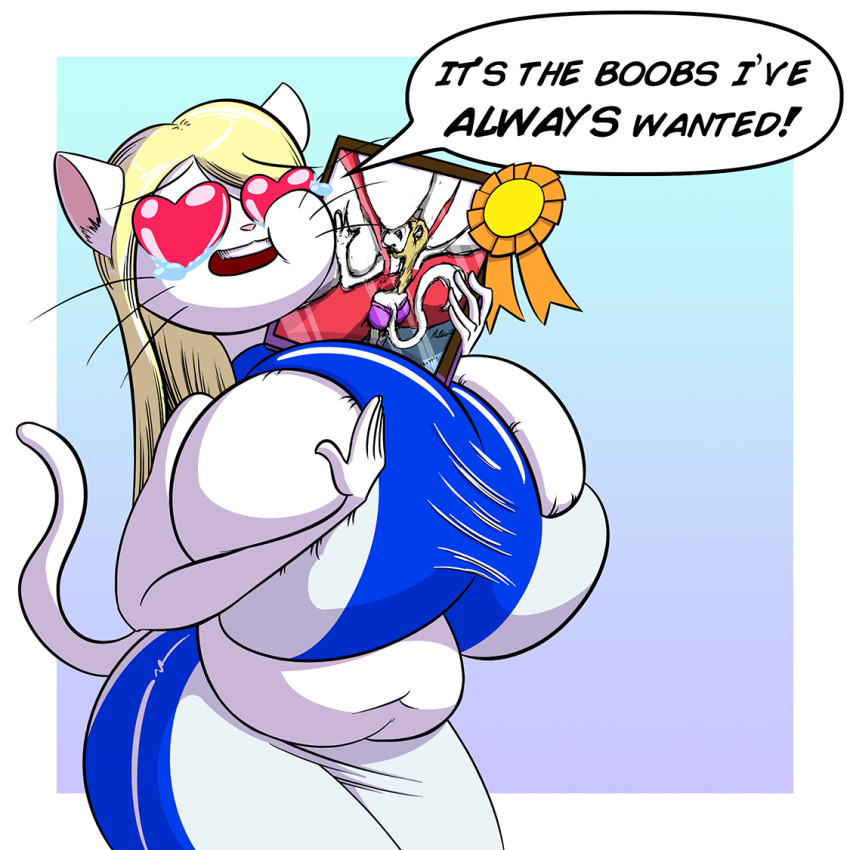 1girls anthro belly blonde_hair breast chubby chubby_female dress english_text feline feline_humanoid female female_focus female_only heart heart-shaped_pupils huge_breasts large_breasts long_hair mary_(mr-snacks) mr-snacks prize_ribbon ribbon stomach tearing_up tears text thick_thighs thighs trophy white_fur