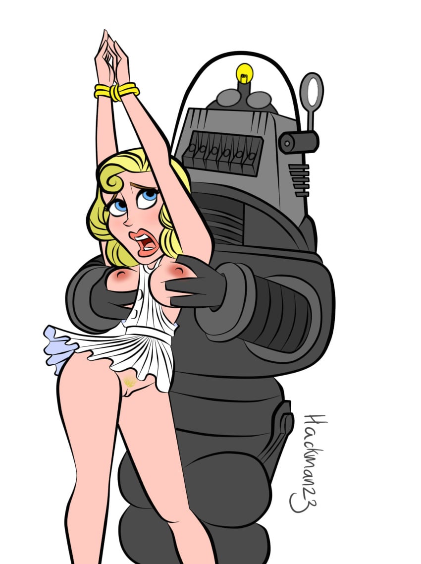 arms_bound arms_up blonde_hair blue_eyes female_focus forbidden_planet groping groping_from_behind hackman long_hair open_mouth pubic_hair robby_the_robot robot white_dress