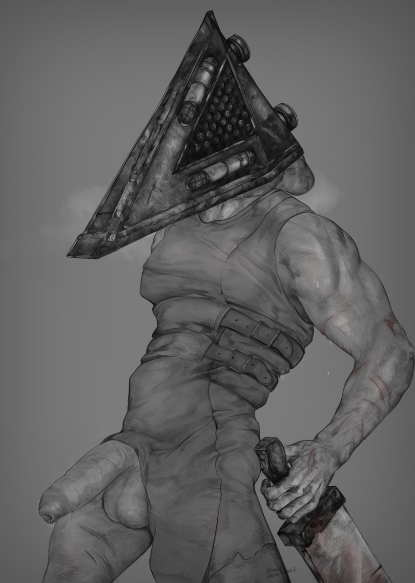 apron balls bara big_balls big_penis ekzonzz gay konami male male_only monochrome muscles muscular musk nightmare_husbando penis personification precum pyramid pyramid_head silent_hill solo solo_male video_game_character