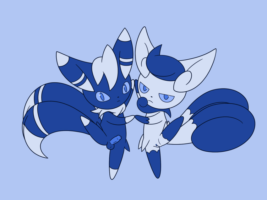 39coit balls blue_body blue_fur duo felid female feral fur generation_6_pokemon genitals hand_holding hi_res looking_at_viewer male mammal meowstic nintendo penis pokemon pokemon_(species) pose pussy simple_background spread_legs spreading video_games white_body white_fur