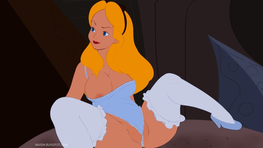 aged_up alice_(disney) alice_in_wonderland alice_in_wonderland_(1951_film) alice_liddell areola_slip areolae big_breasts breasts disney dress female hi_res high_heels inusen large_breasts pussy pussy_peek solo