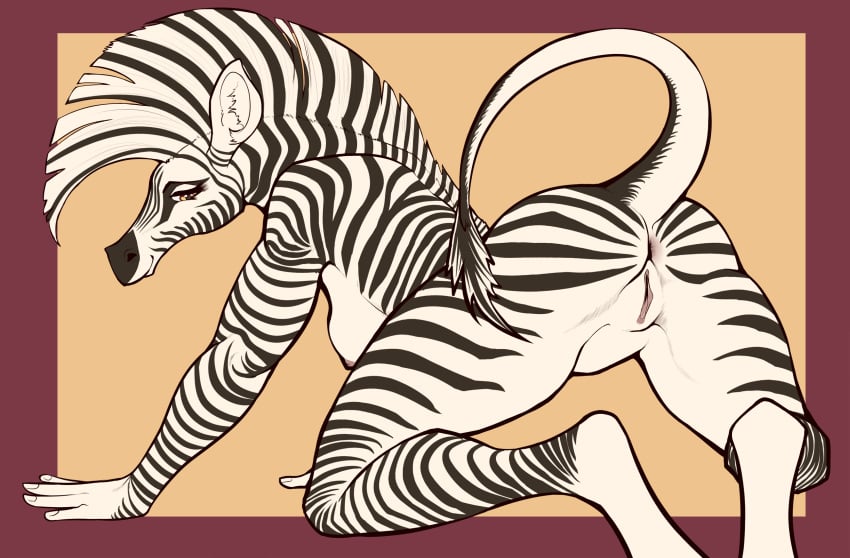 anthro anus ass black_stripes equid equine female furry genitals highres looking_back mammal mane mane_hair mohawk multicolored_hair orange_eyes presenting presenting_hindquarters presenting_pussy pussy simple_background smile solo striped_body stripes two_tone_hair white_hair xzorgothoth zebra