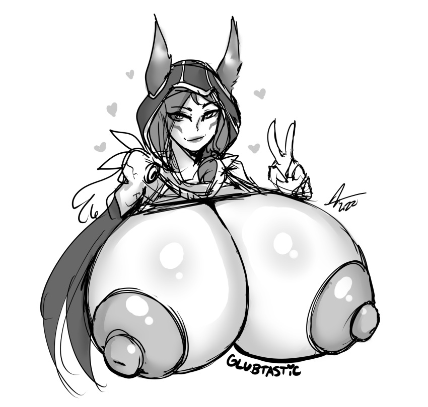 1girls big_breasts bust_portrait glubtastic heart huge_breasts league_of_legends looking_at_viewer markings massive_breasts peace_sign top_pulled_up xayah