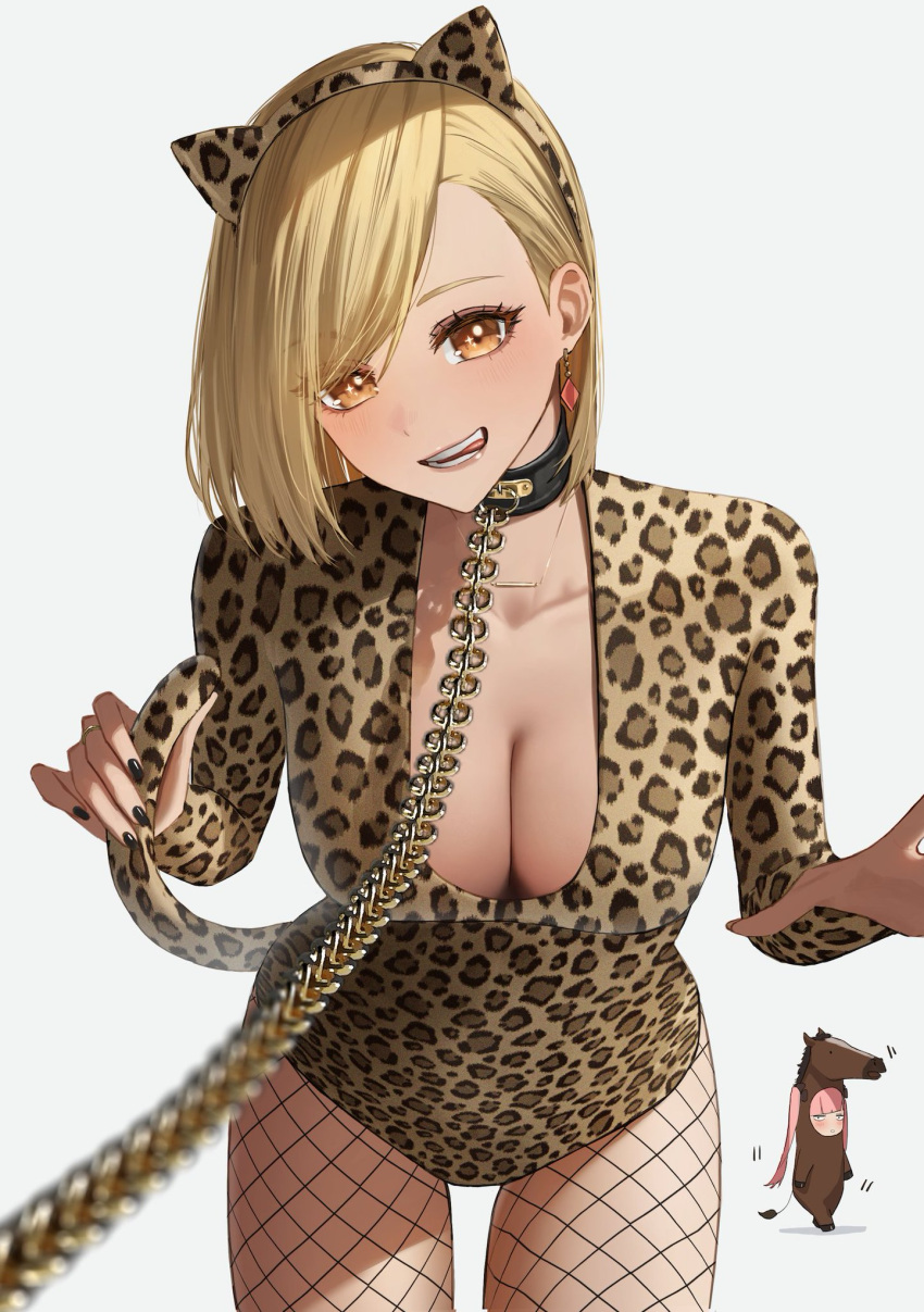 2022 2girls big_breasts biting_tongue blonde_hair cat_ears chains cleavage collar female_focus fishnets hara_kenshi leaning_forward leopard_print leotard looking_at_viewer short_hair solo_focus tagme