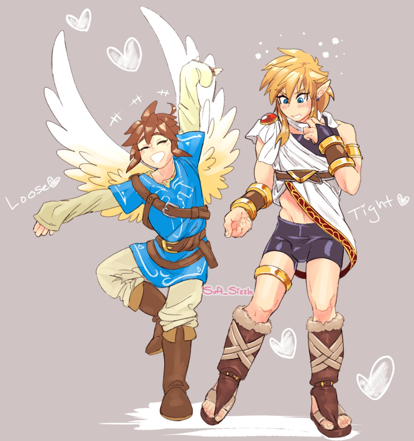 2boys adonis_belt angel angel_wings belt blonde_hair blue_eyes blue_tunic blush boots breath_of_the_wild brown_hair cosplay crossover cute cute_face dancing earrings femboy gloves grey_background happy heart highres jewelry kid_icarus kid_icarus_uprising link link_(cosplay) loose male_focus multiple_boys nintendo outfit_swap pit_(kid_icarus) pit_(kid_icarus)_(cosplay) pointy_ears pretty_boy smile soft_sizzle the_legend_of_zelda tight twink twitter_username wholesome wings