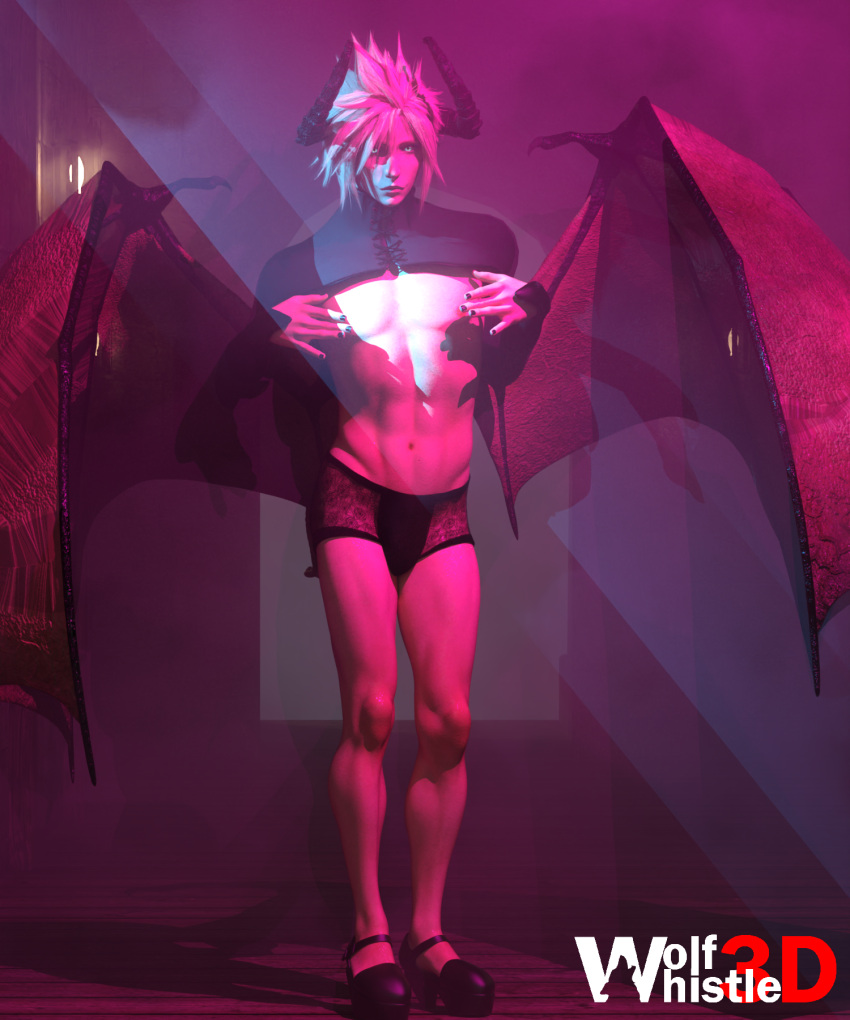 1boy 3d 3d_(artwork) abs blonde_hair bulge cloud_strife covering_nipples femboy femboy_only final_fantasy final_fantasy_vii girly human hung_trap incubus light-skinned_femboy light-skinned_male light_skin male male_only muscular_male solo_focus succuboi succubus_(male) succubus_horns succubus_wings trap twink wolfwhistle3d