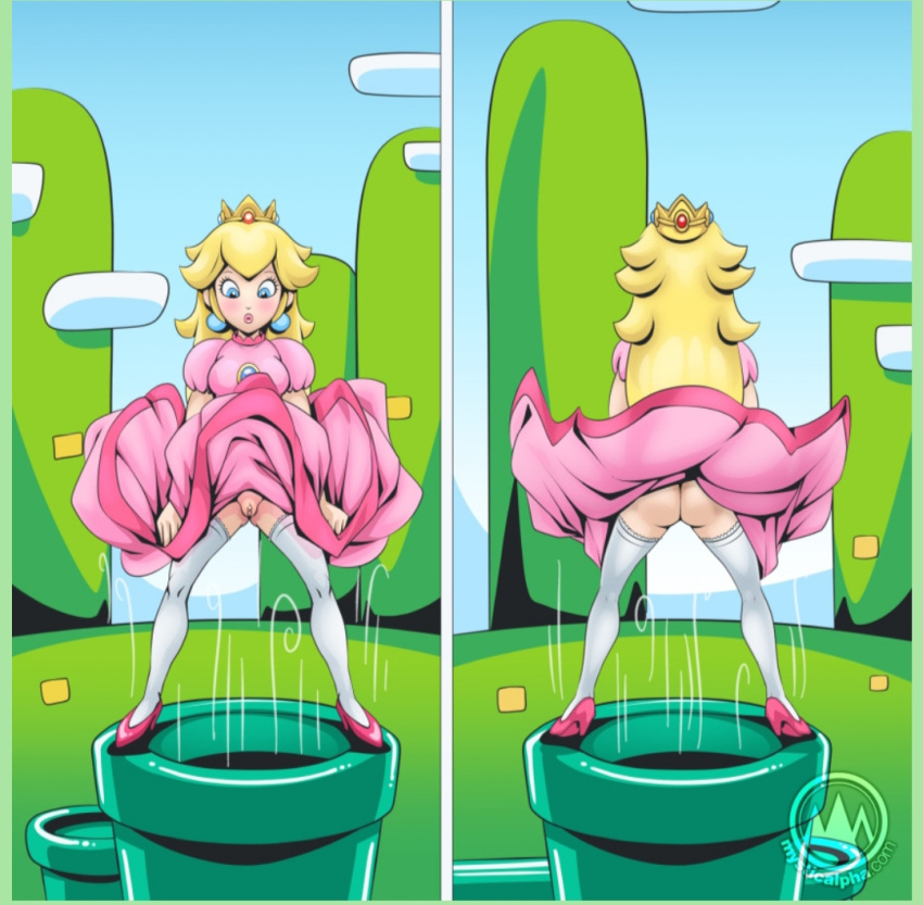 ass clothing female footwear huge_ass human legwear mario_(series) pale_skin pipes princess_peach pussy super_mario_bros. upskirt warp_pipe