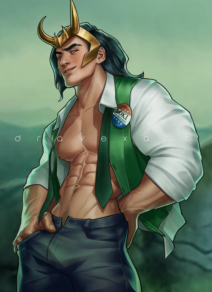 1boy bulge disney+ dravexart human human_only light-skinned_male light_skin loki_(marvel) loki_(series) looking_at_viewer male male_only marvel marvel_cinematic_universe muscular muscular_male open_shirt president_loki tie