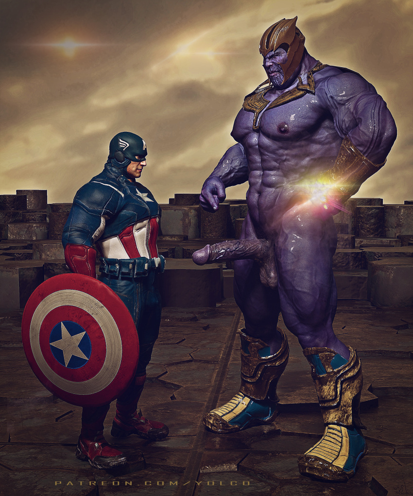 2boys abs avengers:_endgame bulge captain_america captain_america's_shield clothed disney erect_nipples erection gay huge_cock infinity_gauntlet interspecies interspecies_yaoi inviting_to_sex looking_at_penis male male/male male_only marvel marvel_cinematic_universe partially_clothed pecs pointing_at_penis purple_skin retracted_foreskin shield superhero superhero_costume thanos veiny_penis yaoi yolco