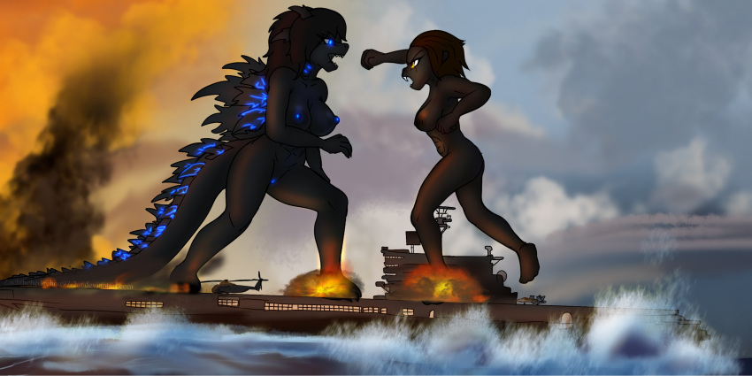 action_pose aircraft aircraft_carrier anthro breasts explosion female_only fighting giantess glowing_eyes glowing_genitalia godzilla godzilla_(series) godzilla_vs_kong king_kong king_kong_(series) kong monsterverse rule_63 ship zachthehedgehog97-2