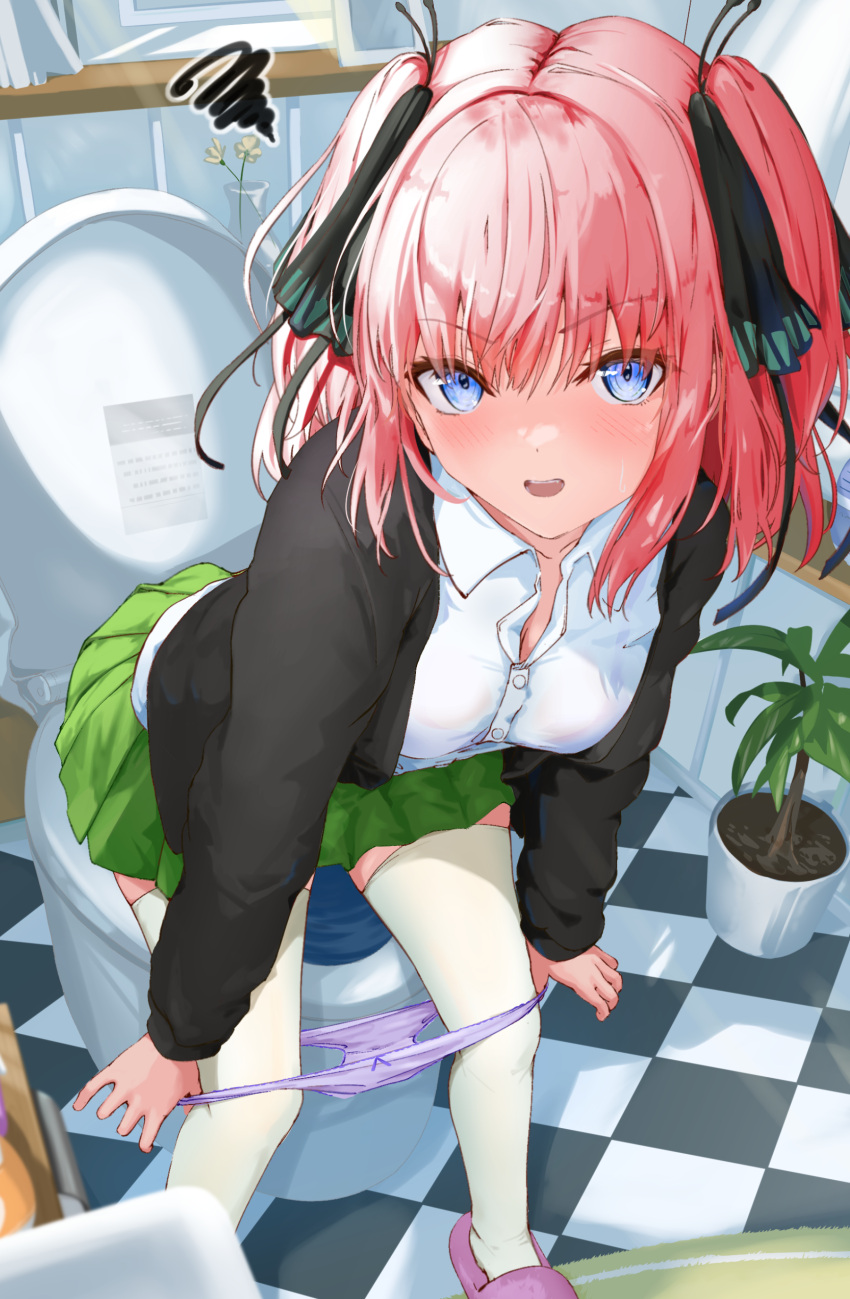 absurdres bathroom black_cardigan black_ribbon blue_eyes blurry bob_cut breasts butterfly_hair_ornament cardigan collared_shirt depth_of_field female go-toubun_no_hanayome green_skirt hair_ornament hair_ribbon highres indoors leaning_forward looking_at_viewer medium_hair momiji_akiba nakano_nino open_cardigan open_clothes open_mouth panties panty_pull pink_footwear pink_hair pink_panties plant pleated_skirt potted_plant pulled_by_self ribbon school_uniform shirt sidelocks skirt slippers solo sweatdrop swirl thighhighs toilet two_side_up underwear white_shirt white_thighhighs