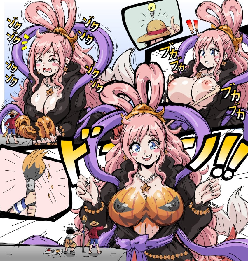 1girls 2boys big_breasts breasts bunny_ears cleavage female female_focus funny giantess halloween_costume huge_breasts lewdamone male mermaid mermaid_giantess monkey_d_luffy necklace one_piece paint_on_breasts pink_hair princess pumpkin pumpkin_boobs rabbit_ears robe shirahoshi shounen_jump smaller_male usopp wholesome