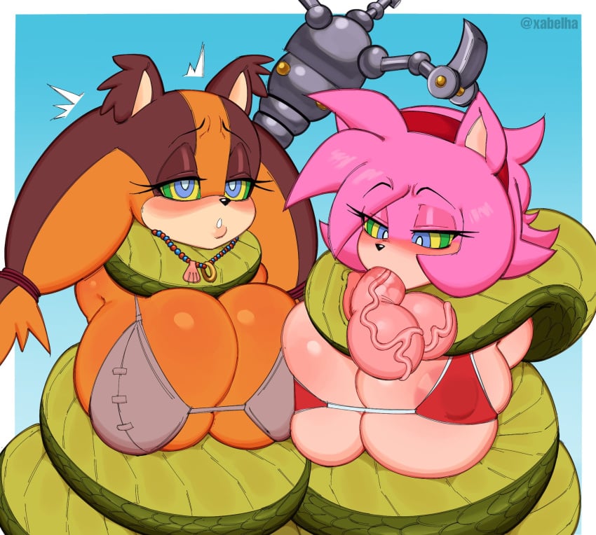 amy_rose anthro anthro_on_feral areola big_breasts breast_squish breasts breasts_frottage cleavage clothed clothing eulipotyphlan fellatio female feral genitals hedgehog hi_res huge_breasts hypnosis male male/female mammal mind_control oral penile penis reptile scalie sega sex snake sonic_(series) sonic_boom sonic_the_hedgehog_(series) squish sticks_the_badger vein veiny_penis xabelha zoophilia