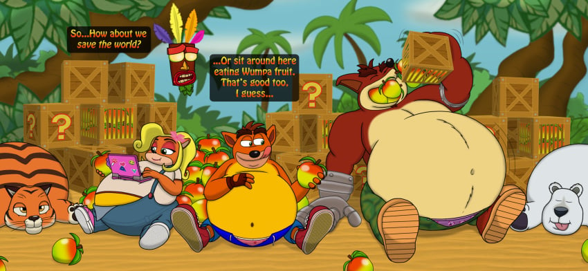 activision aku_aku anthro belly coco_bandicoot crash_(series) crash_bandicoot crunch_bandicoot eating female food fruit group hi_res male male/female mothman64 plant polar_(crash_series) pura_(crash_series) slightly_chubby text trio video_games wumpa_fruit wumpa_island