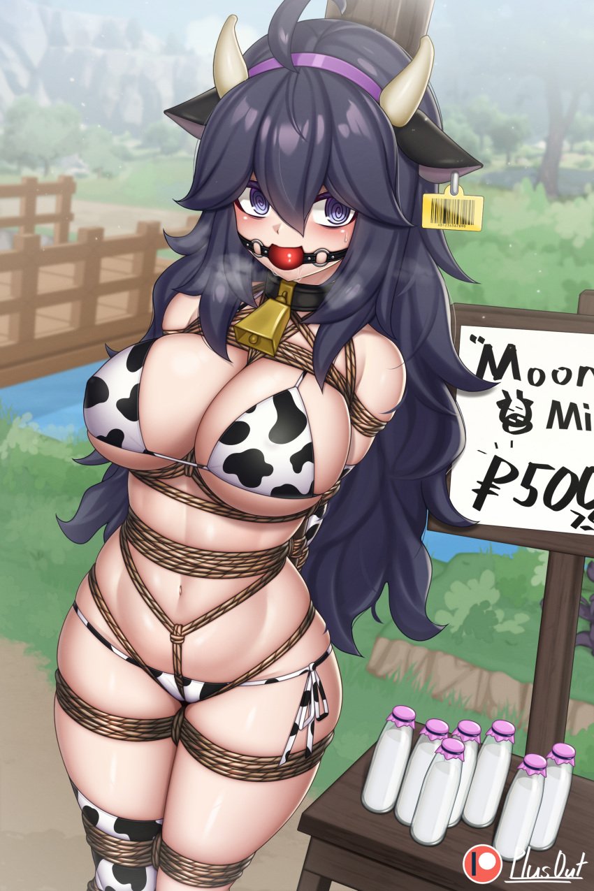 1girls arms_tied_behind_back ball_gag bell bell_collar bikini black_hair bondage breasts bridge collar cow_horns cow_print cow_print_bikini cow_print_gloves cow_print_swimsuit cow_print_thighhighs cowbell cowkini crotch_rope drool ear_tag femsub gag gagged gloves hairband hex_maniac large_breasts legs_tied long_hair looking_at_viewer midriff milk milk_bottle milk_bottles navel nintendo outside plusout pokemon purple_eyes rope rope_between_breasts rope_bondage side-tie_bikini side-tie_swimsuit signpost sky solo stream swimsuit table thighhighs tied_to_pole trees water wooden_bridge