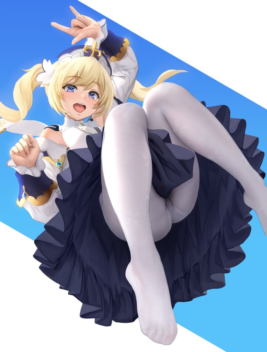 1girls ass bangs barbara_(genshin_impact) bare_shoulders blonde_female blonde_hair blue_eyes blush blushing_at_viewer breasts detached_sleeves dress drill_hair feet feet_up female female_focus female_only floating genshin_impact hair_ornament hat hi_res high_resolution highres legs light-skinned_male light_skin long_hair long_sleeves looking_at_viewer no_shoes nun open_mouth panties panties_under_pantyhose pantyhose simple_background skirt_between_legs skirt_between_thighs smile smiling_at_viewer solo solo_female solo_focus teeth thighs tongue twin_drills twintails underwear white_dress white_headwear white_pantyhose yamaneko_(tkdrumsco)