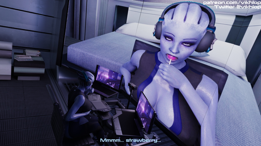 1girls 3d asari big_breasts blender comic_panel english_text headphones liara_t'soni mass_effect omni-tool partially_clothed streamer streaming sweat text vikhlop x-ray