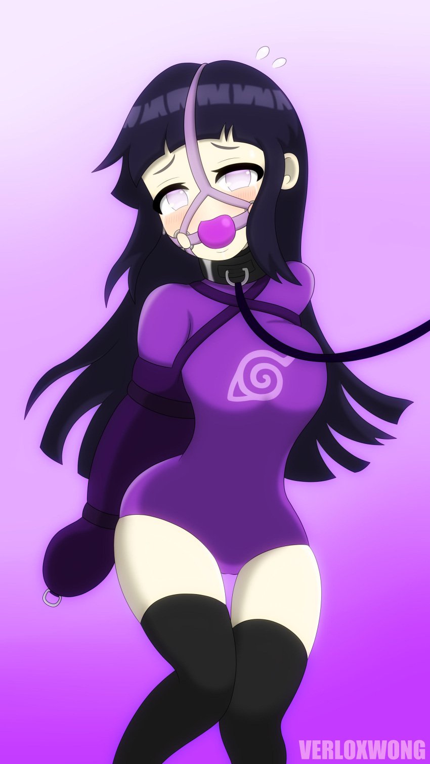 1girls ball_gag black_hair bondage breasts collar crying_with_eyes_open gag gagged harness_ball_gag hyuuga_hinata lavender_eyes leash leotard long_hair looking_at_viewer medium_breasts monoglove naruto purple_background purple_leotard tears thighhighs verloxwong