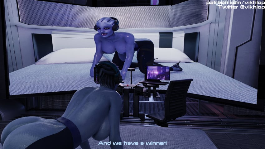 1girls 3d asari big_breasts blender comic_panel english_text female female_only headphones liara_t'soni mass_effect omni-tool partially_clothed solo streamer streaming sweat text vikhlop x-ray