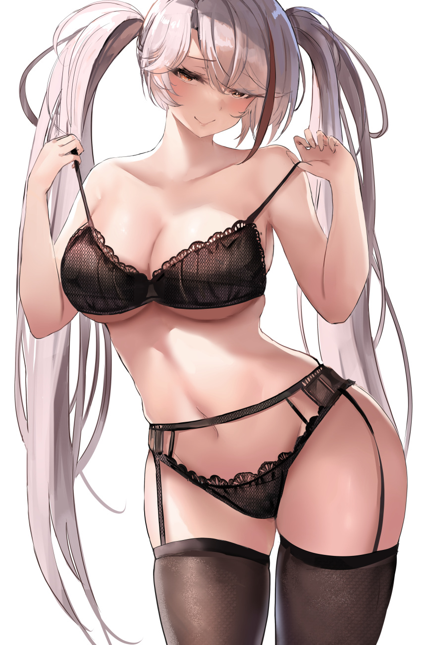 1girls azur_lane bangs belly belly_button big_penis black_bra black_underwear blush blushing_at_viewer bra breasts cleavage closed_mouth collarbone cowboy_shot female female_focus female_only garter_belt garter_straps grey_hair hi_res high_resolution highres iron_blood_(azur_lane) large_breasts liaowen light-skinned_female light_skin long_hair looking_at_viewer mole mole_on_breast multicolored_hair off_shoulder only_female panties prinz_eugen_(azur_lane) red_hair removing_bra removing_clothing simple_background smile smiling smiling_at_viewer solo solo_female solo_focus stomach strap_pull streaked_hair thighhighs thighs twintails underwear white_background