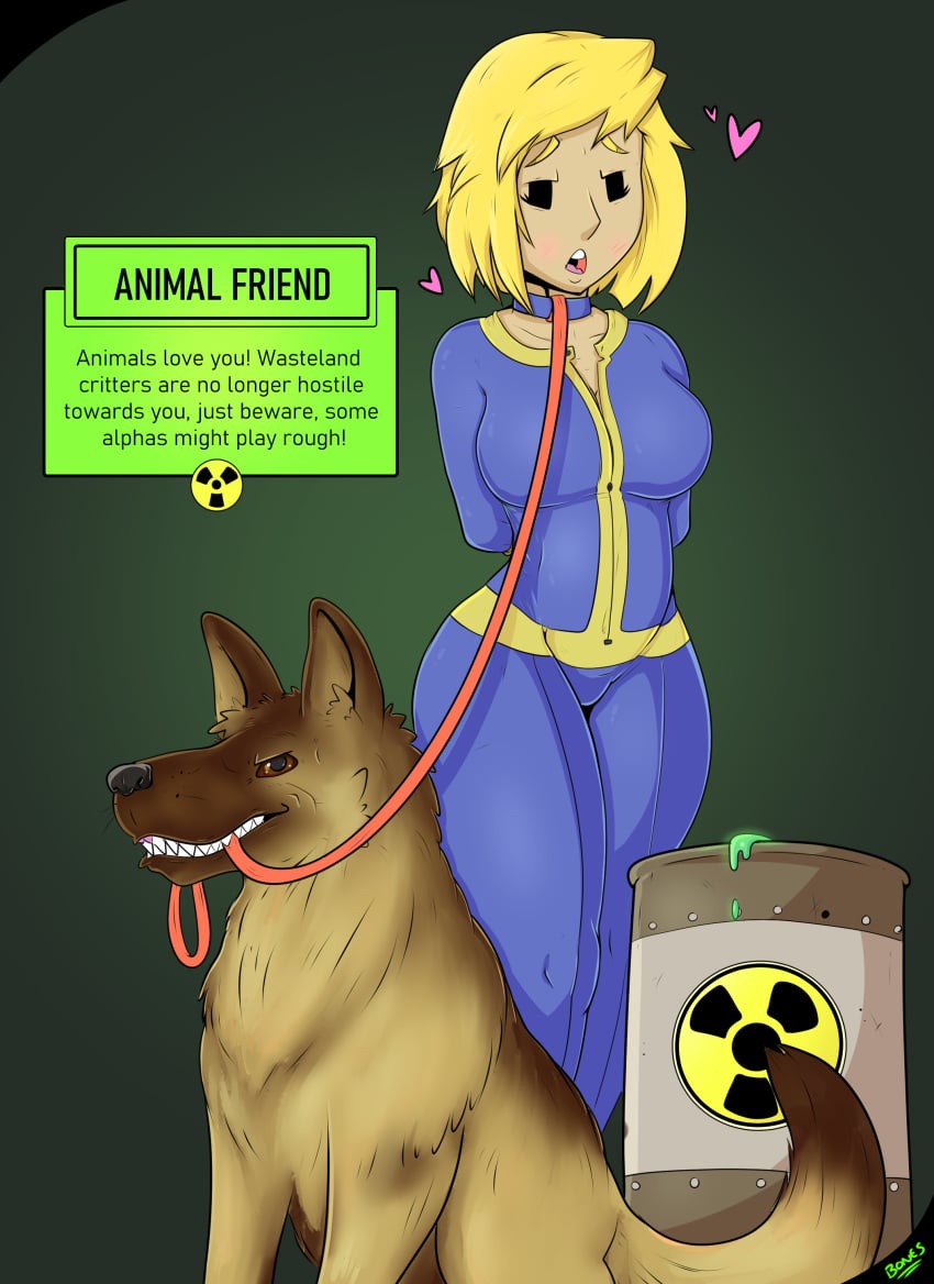 animal_holding_leash bigbonesart bondage canine clothing collar dog_collar dogmeat dominant_feral english_text fallout fallout_4 female femsub fully_clothed gameplay_mechanics human jumpsuit leash male mob_face neckwear submissive text tight_clothing vault_girl vault_suit zoophilia